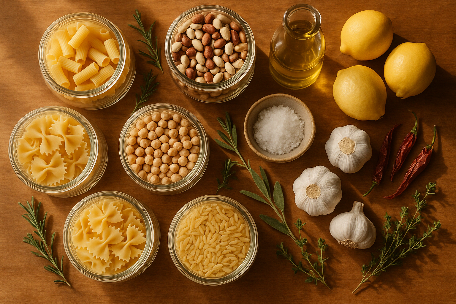 A well-stocked home pantry flatlay