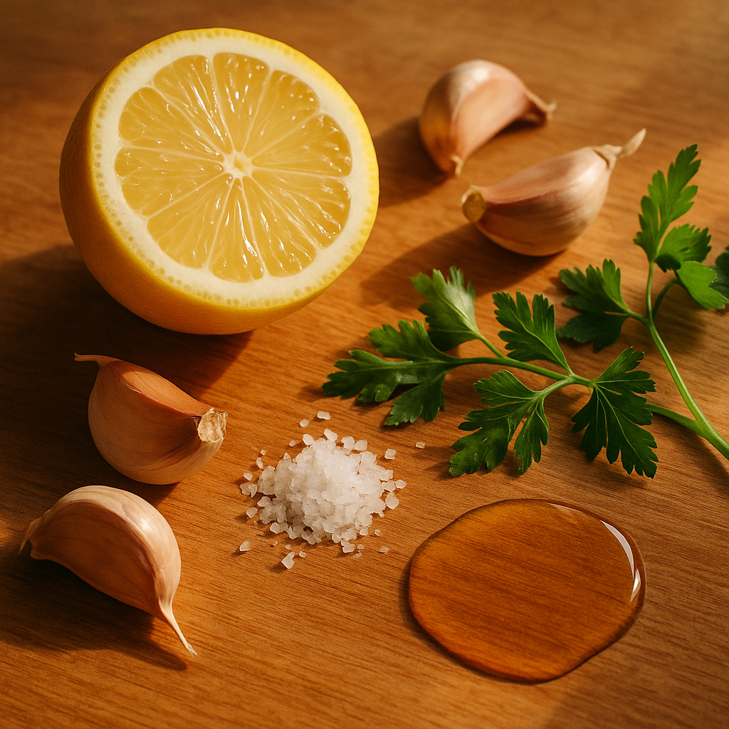 Lemon, garlic, salt and herbs on warm wood